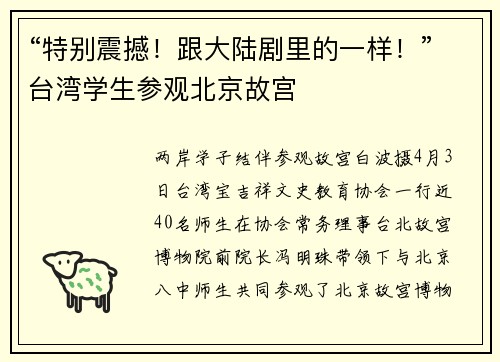 “特别震撼！跟大陆剧里的一样！”台湾学生参观北京故宫