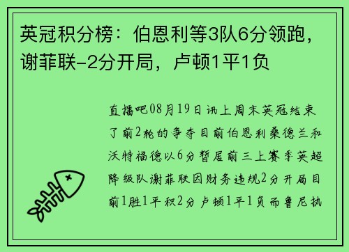 英冠积分榜：伯恩利等3队6分领跑，谢菲联-2分开局，卢顿1平1负