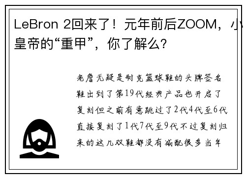 LeBron 2回来了！元年前后ZOOM，小皇帝的“重甲”，你了解么？
